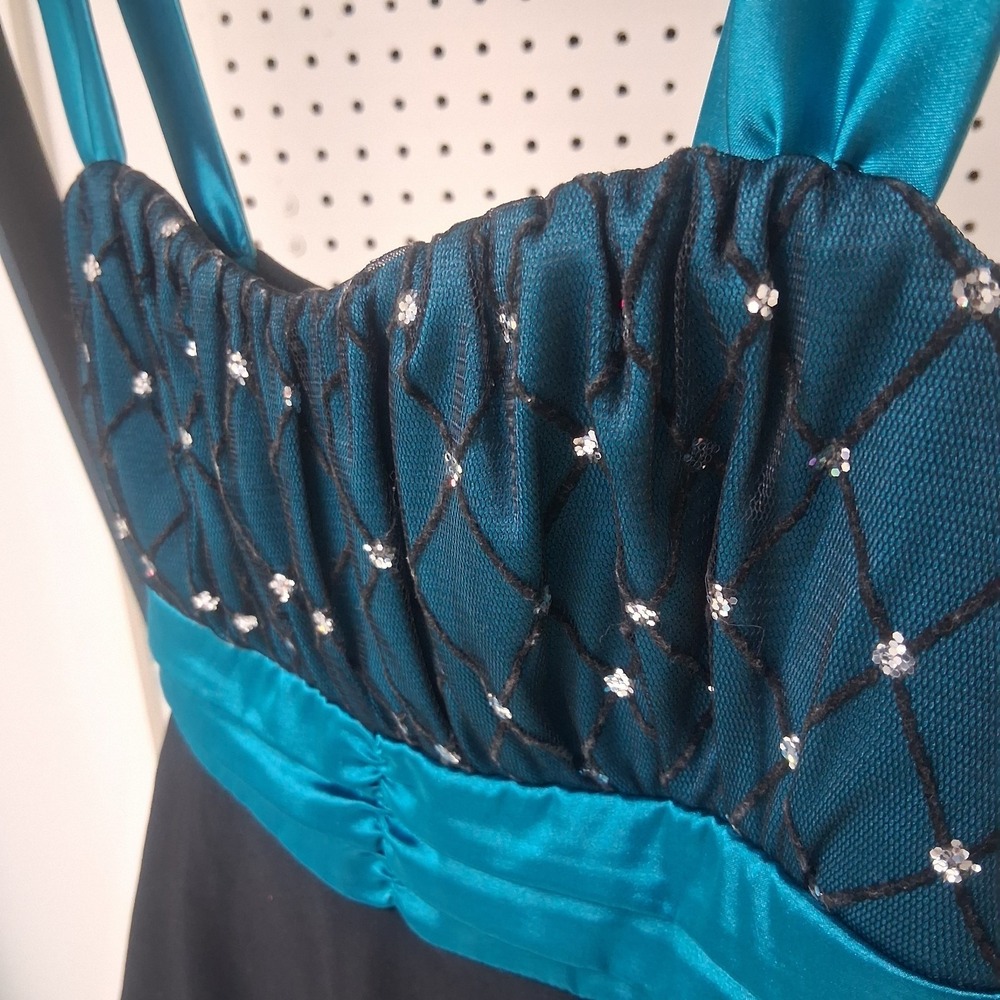 Vintage 90s Taboo Babydoll Teal Satin Black Dress Sm Tiered Glam‎ Partycore Y2K - Picture 3 of 11